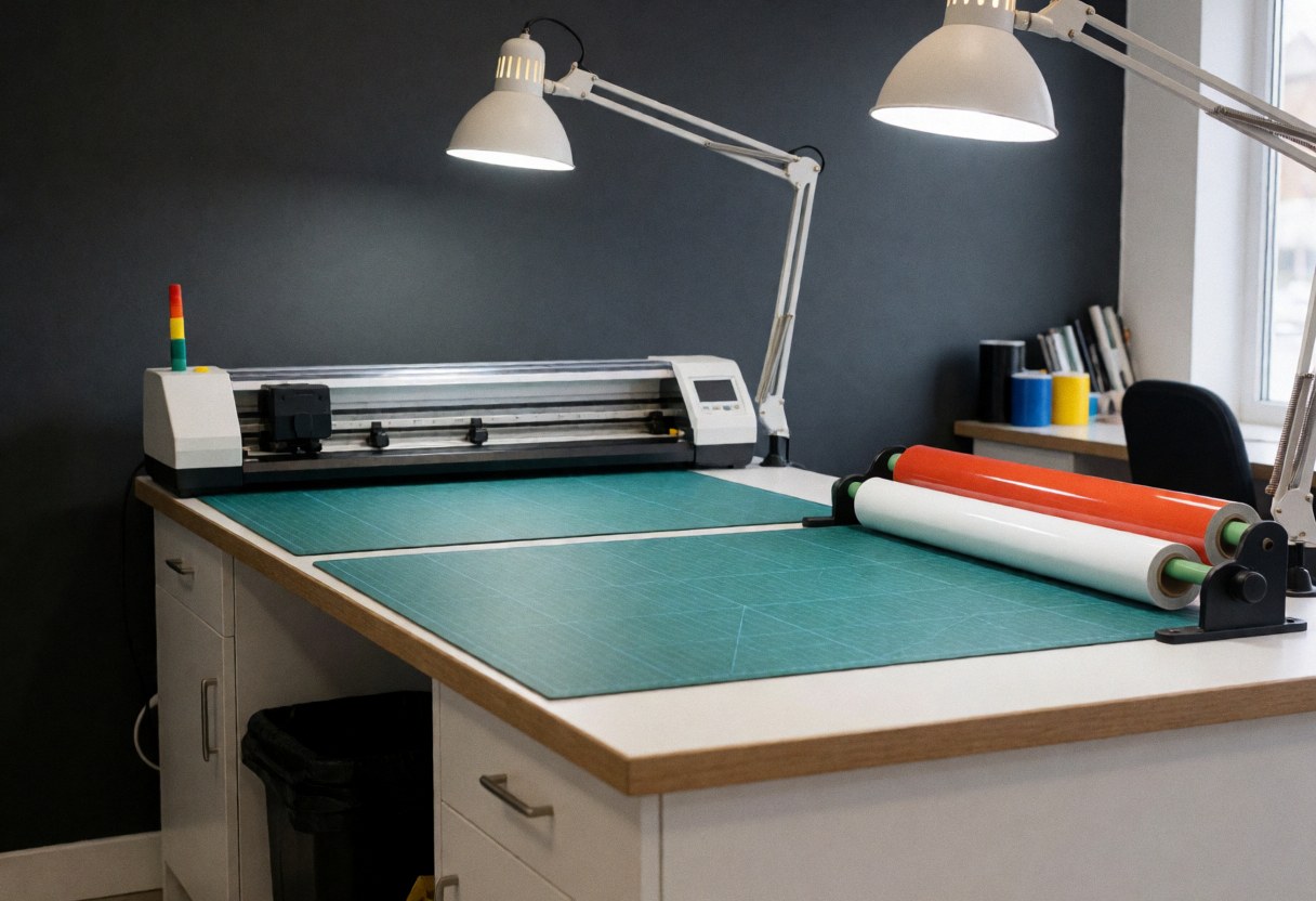 Work table with vinyl cutter, colorful vinyl rolls, cut vinyl pieces, gray carbon wall, professional lighting for textile design.