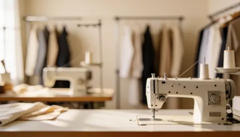Close-up of a white sewing machine with blurred clothes on hangers in the background, creating a warm and professional tailor shop atmosphere.