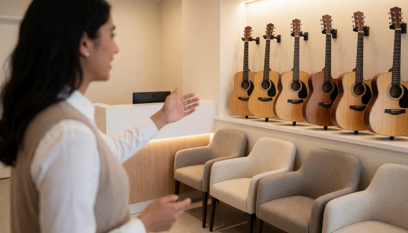Staff member in a music school reception area pointing to acoustic guitars mounted on the wall near a modern counter and waiting chairs