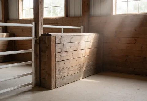 Wooden post in a stable with natural light, wooden walls, concrete floor, and white fence, empty and clean scene.
