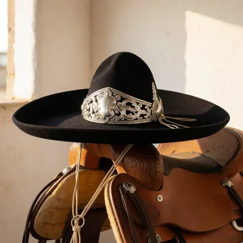 Black charro hat with silver details resting on a brown leather saddle in a stable with cream walls and sunlight