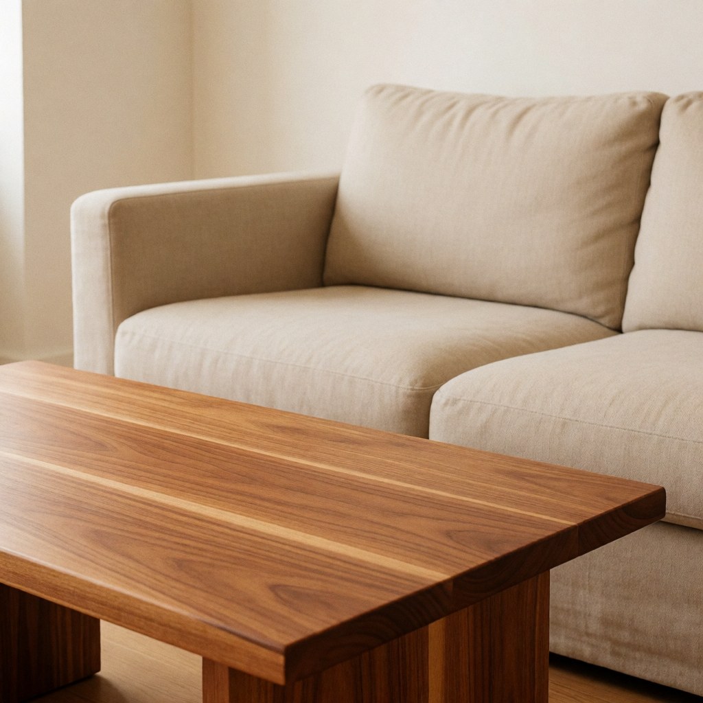 Solid wood table with visible grain in a modern living room with beige sofa and light walls, illuminated by natural light.
