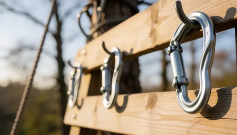 Close-up of metal carabiners attached to a wooden zipline structure with a blurred background of trees and warm sunlight