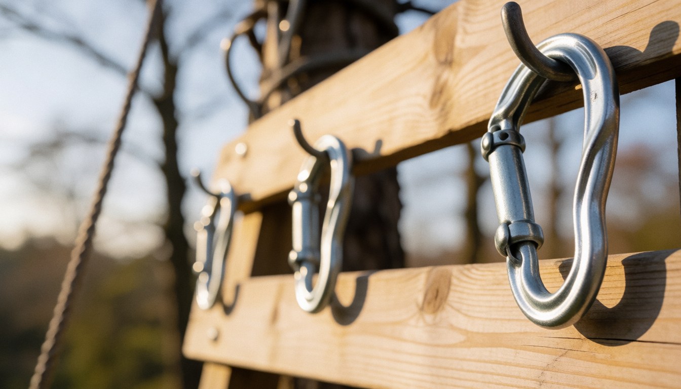 Close-up of metal carabiners attached to a wooden zipline structure with a blurred background of trees and warm sunlight