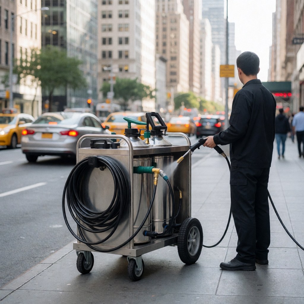 Worker in dark uniform using mobile cart with stainless steel tanks and hose for car washing on city sidewalk with traffic and buildings