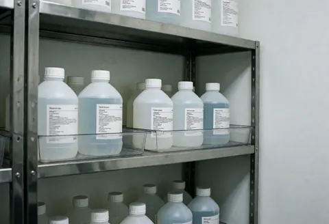Metal shelving unit holding labeled chemical bottles for vehicle washing against a white background with clinical lighting