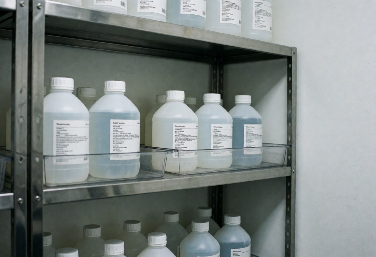 Metal shelving unit holding labeled chemical bottles for vehicle washing against a white background with clinical lighting
