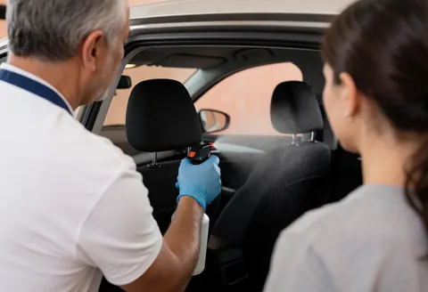 A professional wearing blue gloves sprays cleaning product inside a car while a female client observes the process.