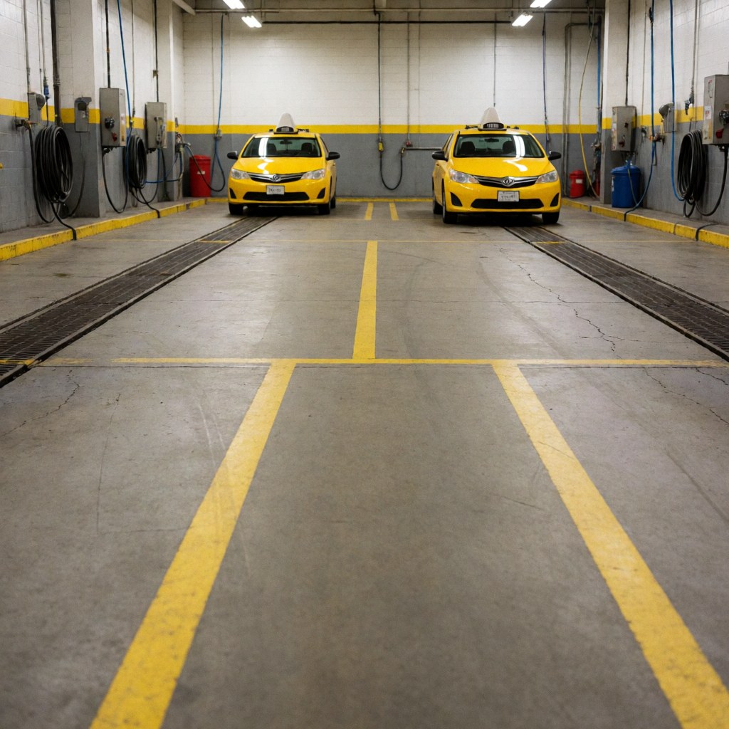 Two yellow taxis parked in an industrial car wash facility with yellow lines, hoses, and gray walls, suitable for vehicle cleaning services.