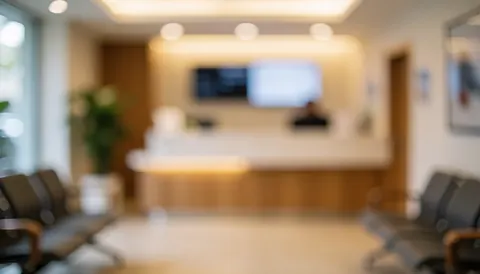 Soft focus background of a waiting area featuring chairs and a counter with warm lighting, suitable for business text overlays.