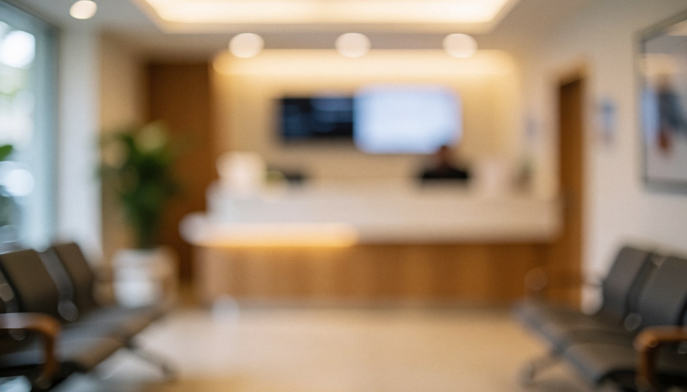 Soft focus background of a waiting area featuring chairs and a counter with warm lighting, suitable for business text overlays.