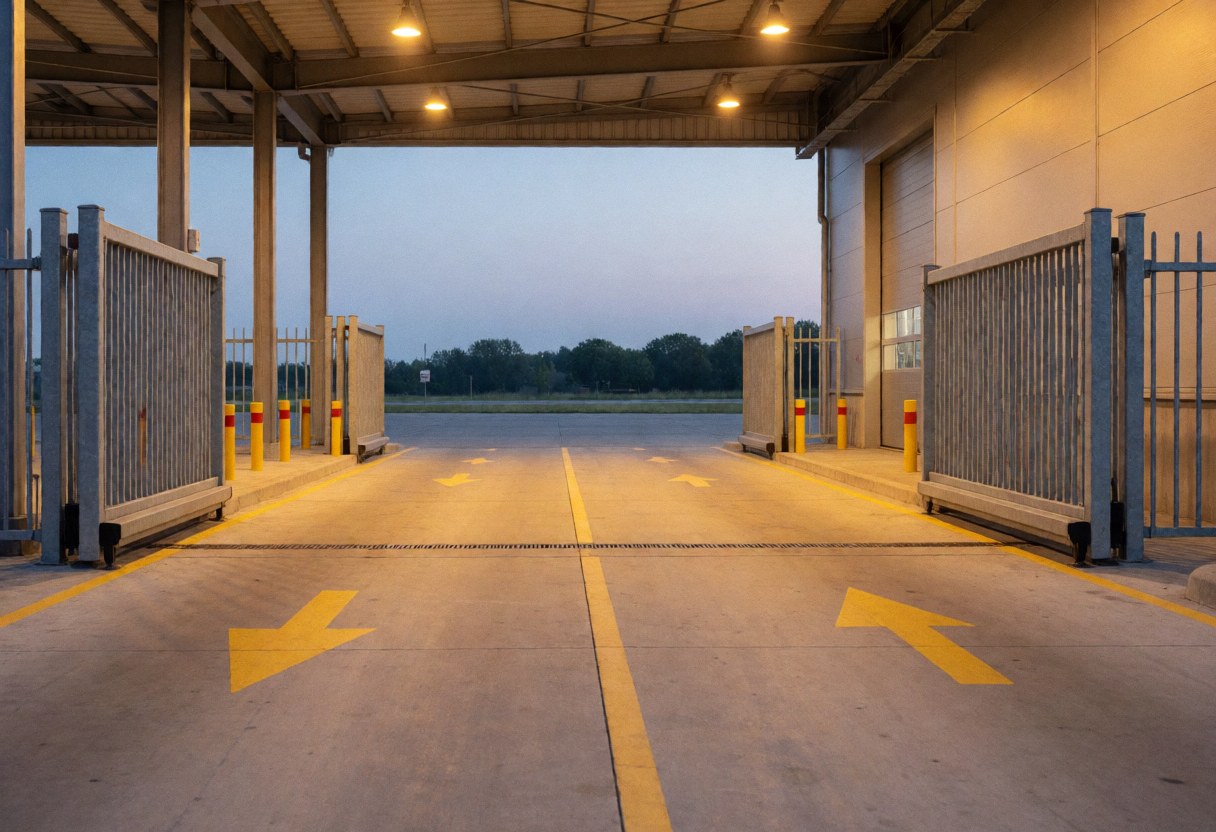 Open metal gate at a car wash entrance with yellow floor arrows and evening lights illuminating the concrete driveway.