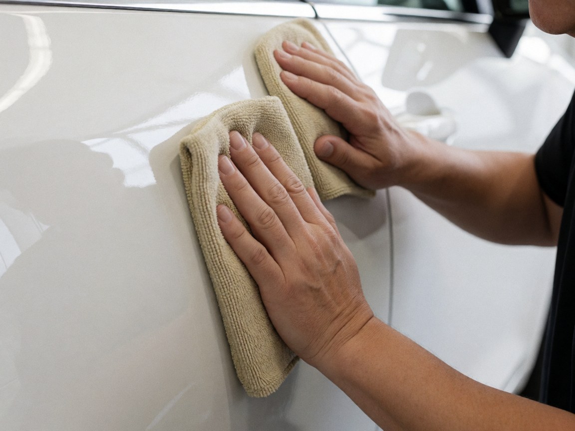 Close-up of a hand using a microfiber cloth to polish the door of a shiny white car, highlighting reflections against a plain white background.
