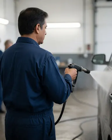 A professional in a dark blue uniform uses a high-pressure water gun to clean a vehicle in an industrial setting with a blurred background.