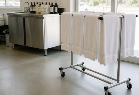 A metal rack holding a stack of white towels in a clean and organized car wash preparation area with product station in background