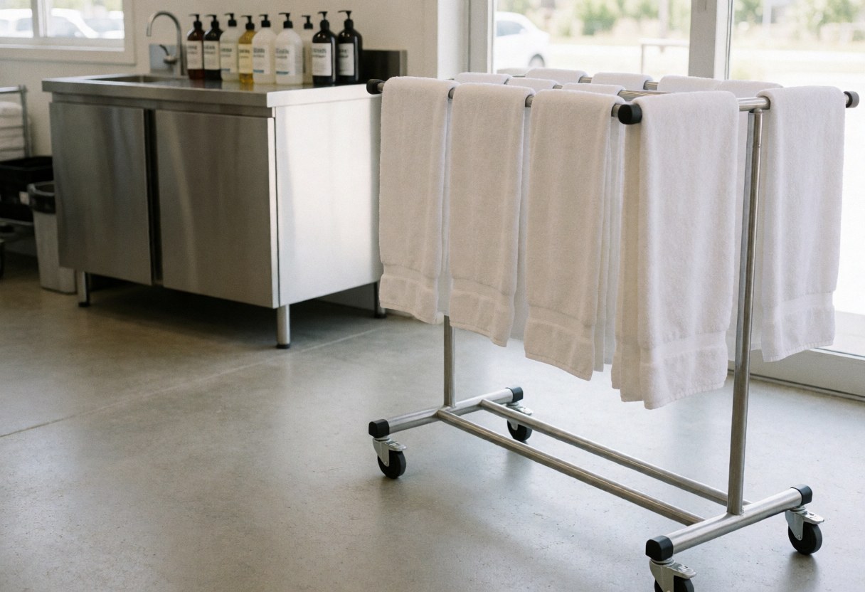 A metal rack holding a stack of white towels in a clean and organized car wash preparation area with product station in background
