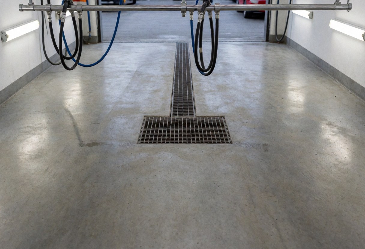 Close-up of a metal faucet fixture installed in a car wash bay with concrete flooring and fluorescent lighting overhead