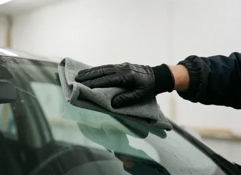 Close-up of a hand wearing a black glove wiping a car windshield with a gray cloth, showing a clean, reflective glass surface against a blurred white background.