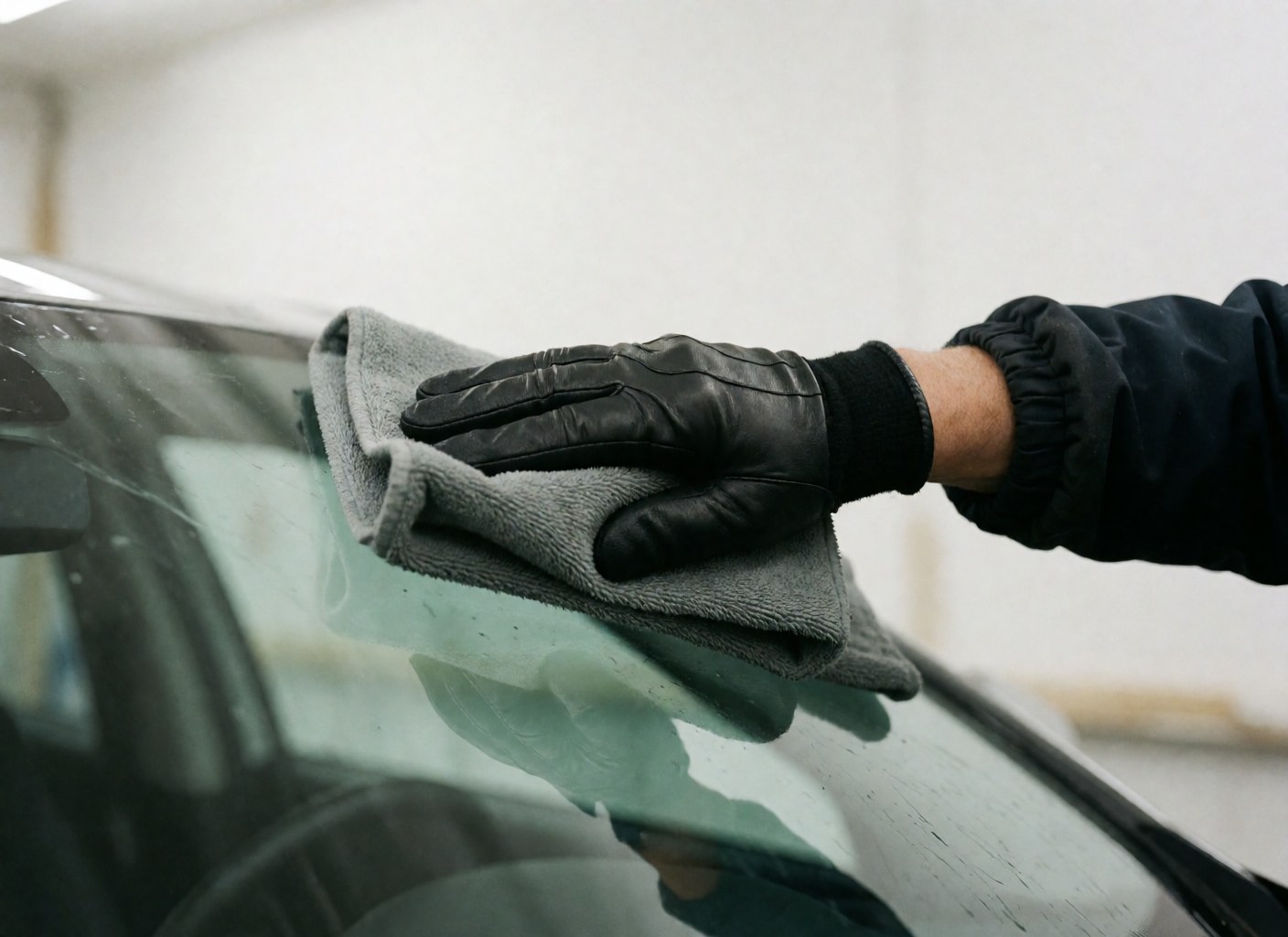 Close-up of a hand wearing a black glove wiping a car windshield with a gray cloth, showing a clean, reflective glass surface against a blurred white background.