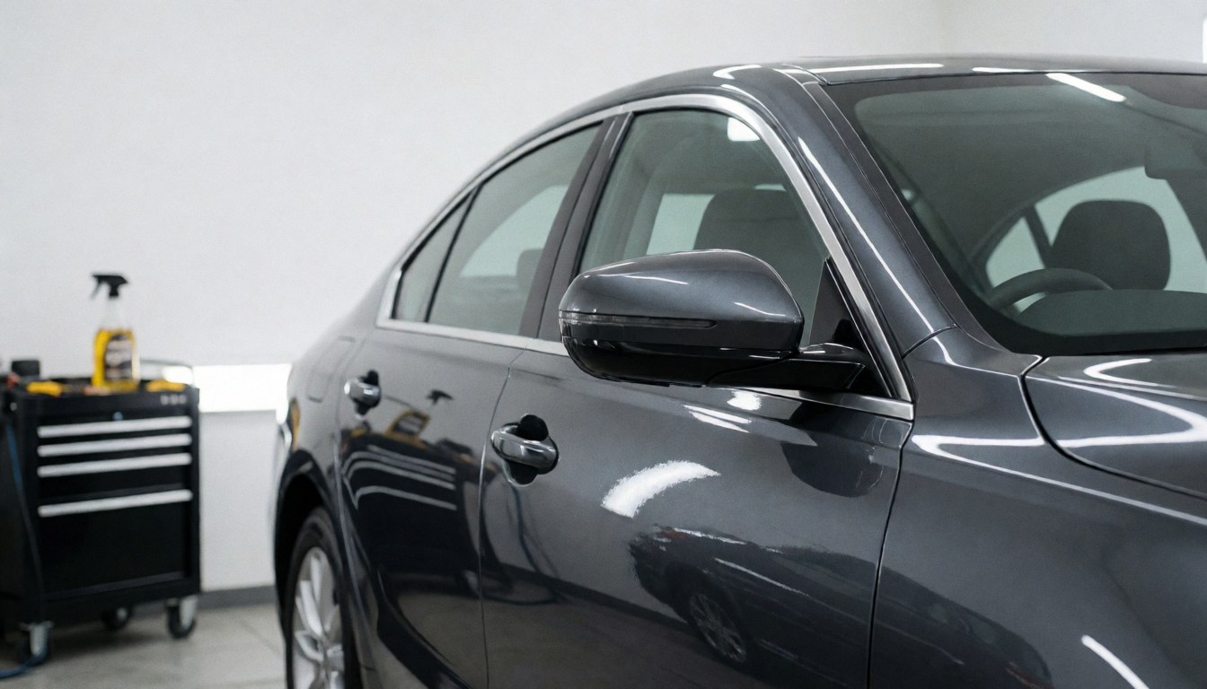 A glossy gray vehicle inside a car wash facility with bright overhead lights reflecting off the surface and a tool cart nearby