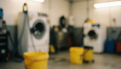 Blurred background of a car wash workshop with yellow buckets, equipment, and warm lighting, ideal for text overlays.