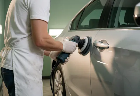 Close-up of a professional wearing gloves and a white apron polishing a silver car door with an electric polisher against a green wall with work light