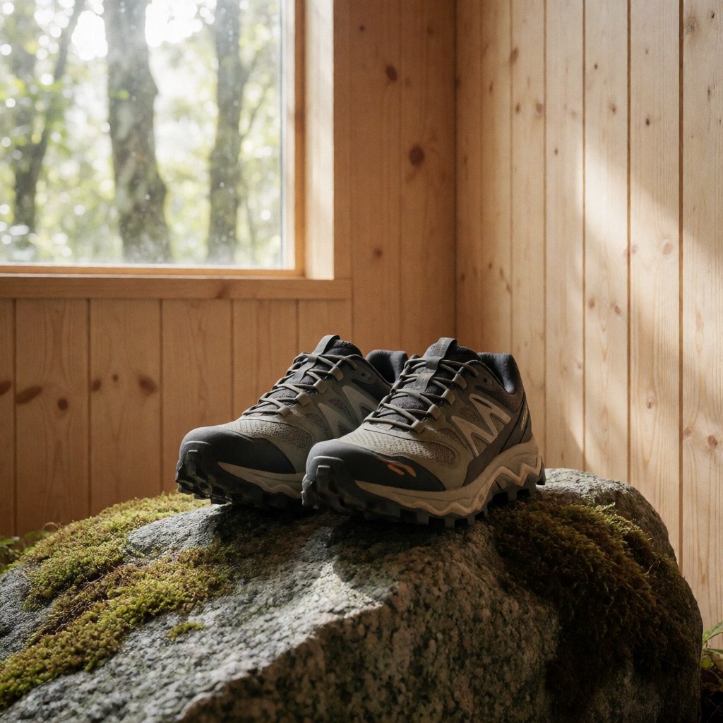 Trail running shoes with thick soles resting on a moss-covered stone in a room with wooden walls and a window overlooking a forest.