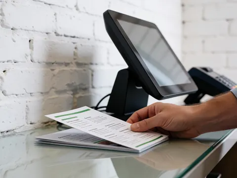 Close-up of a hand placing a service brochure on a glass counter next to a payment terminal with a white brick wall background