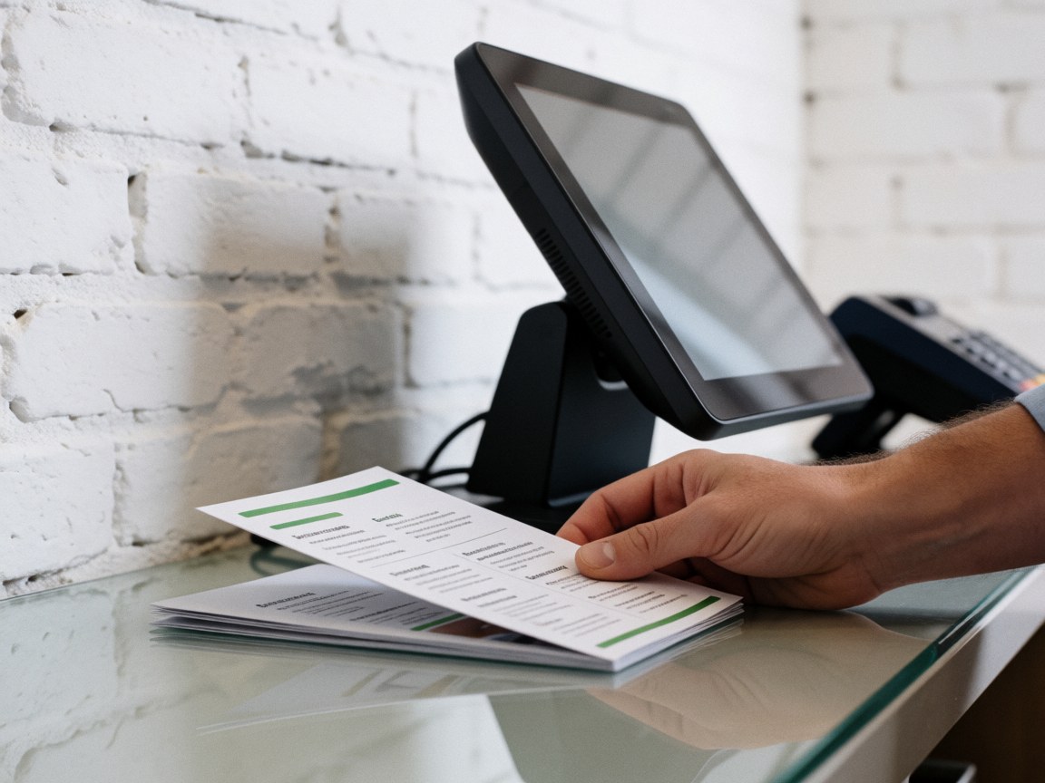 Close-up of a hand placing a service brochure on a glass counter next to a payment terminal with a white brick wall background