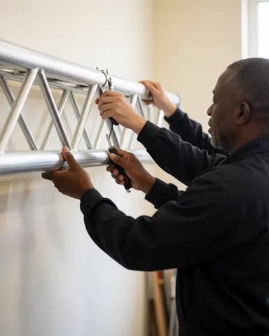 Technician in dark uniform using a tool to assemble a metal truss structure in a bright workshop with natural light.