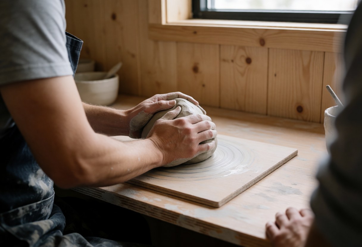 Hands of a craftsman molding clay on a wooden board in a pottery studio with light walls and natural window light