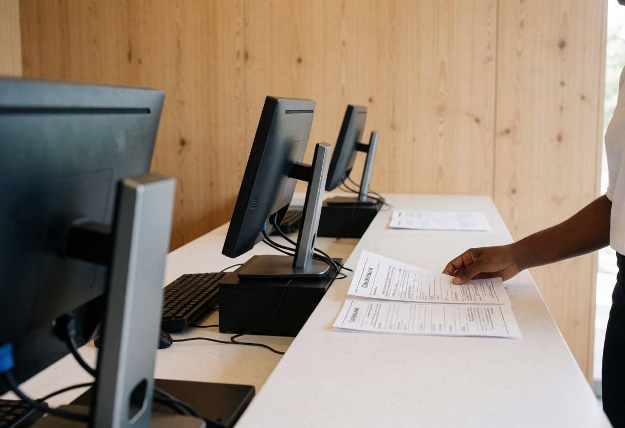 Reception desk at an adventure park featuring computers, documents, and a light wood wall, with a hand organizing papers.