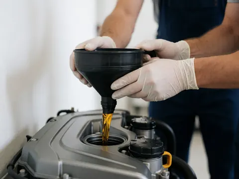 Yellow lubricant being poured through a funnel into a motorcycle engine during maintenance