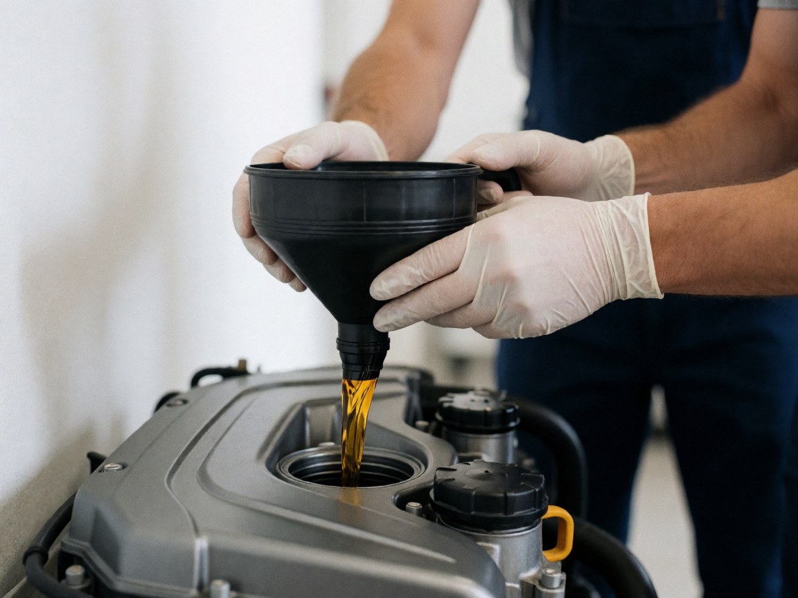 Yellow lubricant being poured through a funnel into a motorcycle engine during maintenance