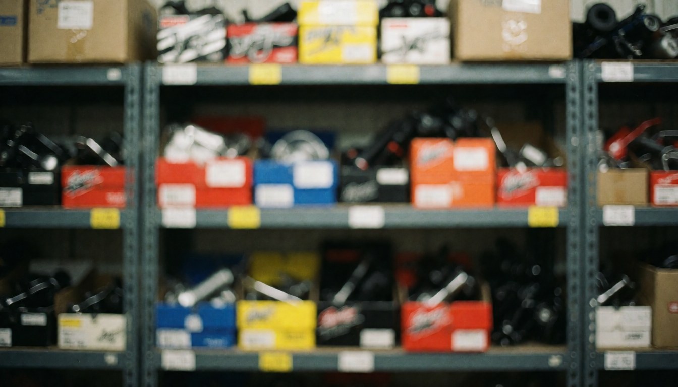 Out of focus background of metal shelves holding colorful boxes containing motorcycle spare parts, suitable for text overlay