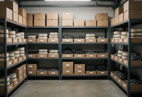Organized motorcycle parts warehouse featuring metal shelving units, cardboard boxes, and components like filters and chains on a concrete floor under industrial lighting.