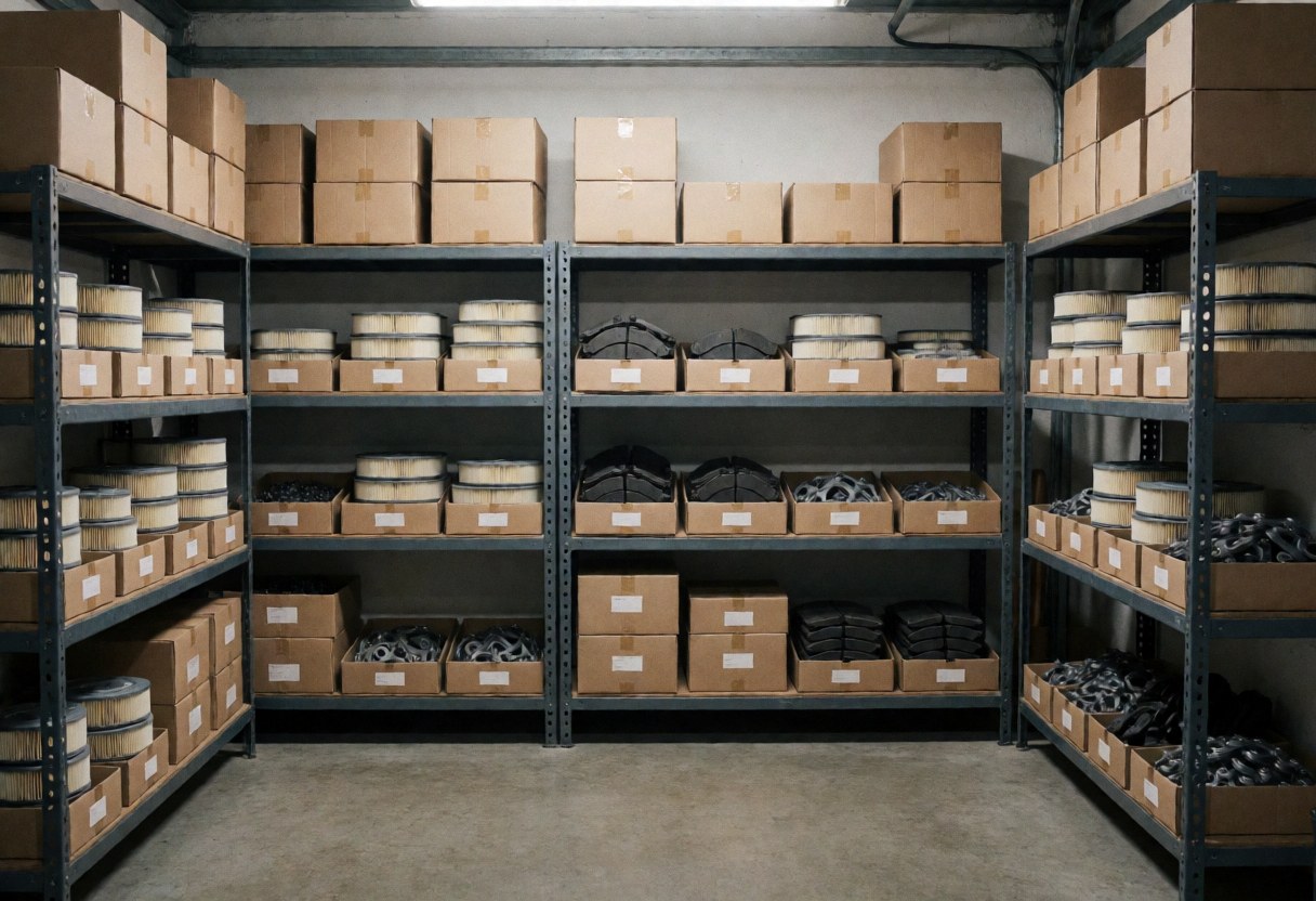 Organized motorcycle parts warehouse featuring metal shelving units, cardboard boxes, and components like filters and chains on a concrete floor under industrial lighting.