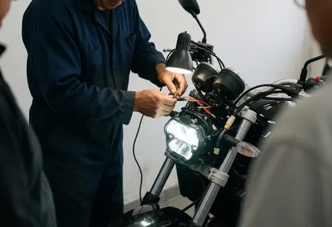 Mechanic wearing a dark mask connects LED headlight wires on a motorcycle under bright work light in a clean workshop.