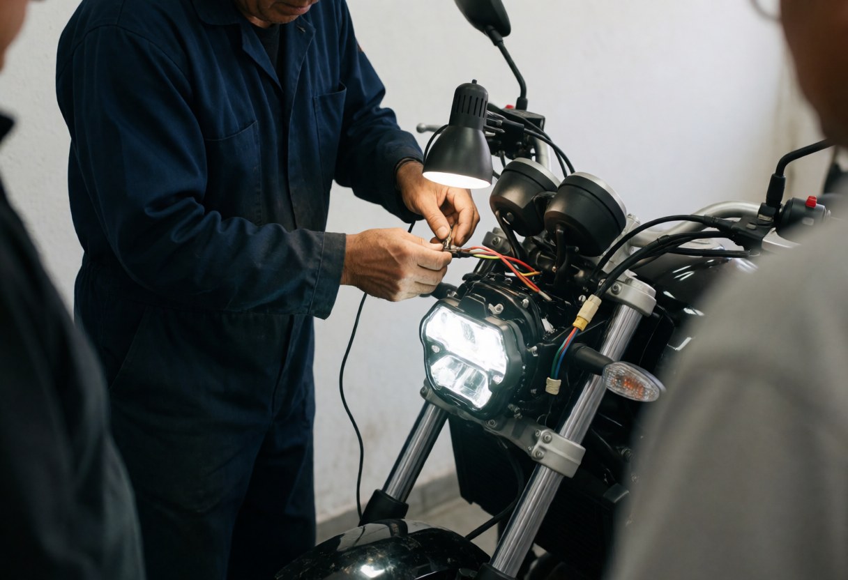 Mechanic wearing a dark mask connects LED headlight wires on a motorcycle under bright work light in a clean workshop.
