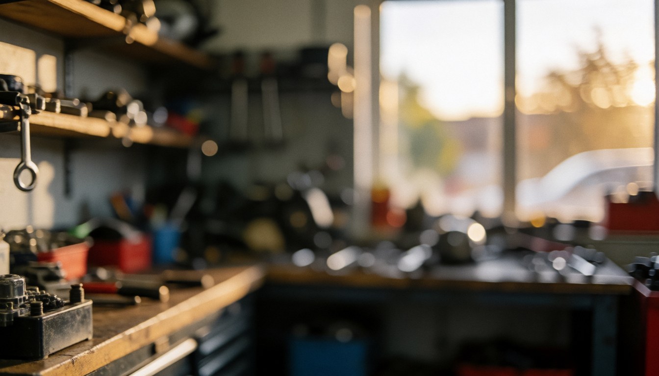 Shelves of motorcycle repair tools illuminated by warm sunset light, creating a professional background for service text overlays