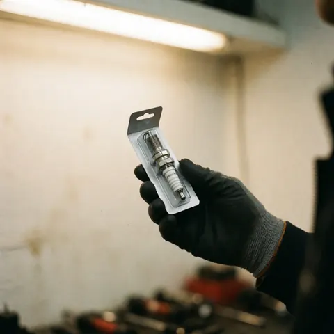 Close-up of a gloved hand holding a new spark plug in its packaging within a workshop setting