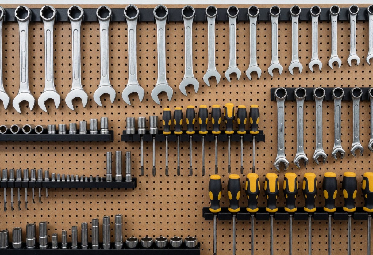 Neatly arranged wrenches, screwdrivers, and motorcycle repair accessories mounted on a black and yellow pegboard in a professional workshop.