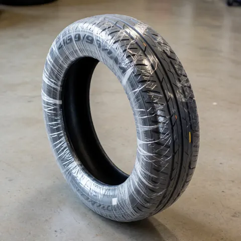 New tubeless motorcycle tire wrapped in clear plastic on a concrete floor ready for installation