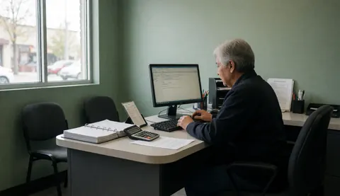 Man using calculator and computer to process invoices in a motorcycle repair shop office near a window