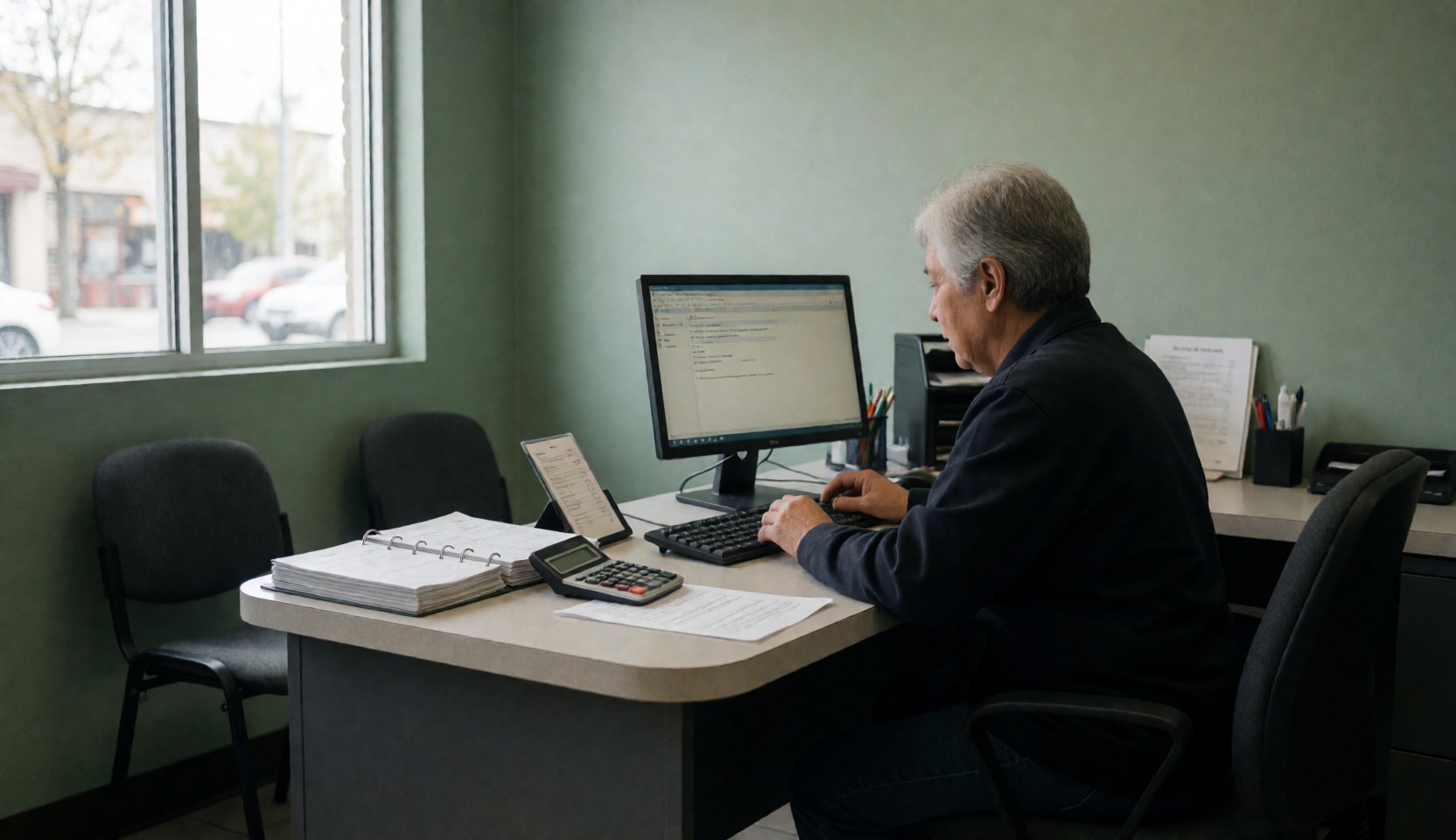 Man using calculator and computer to process invoices in a motorcycle repair shop office near a window