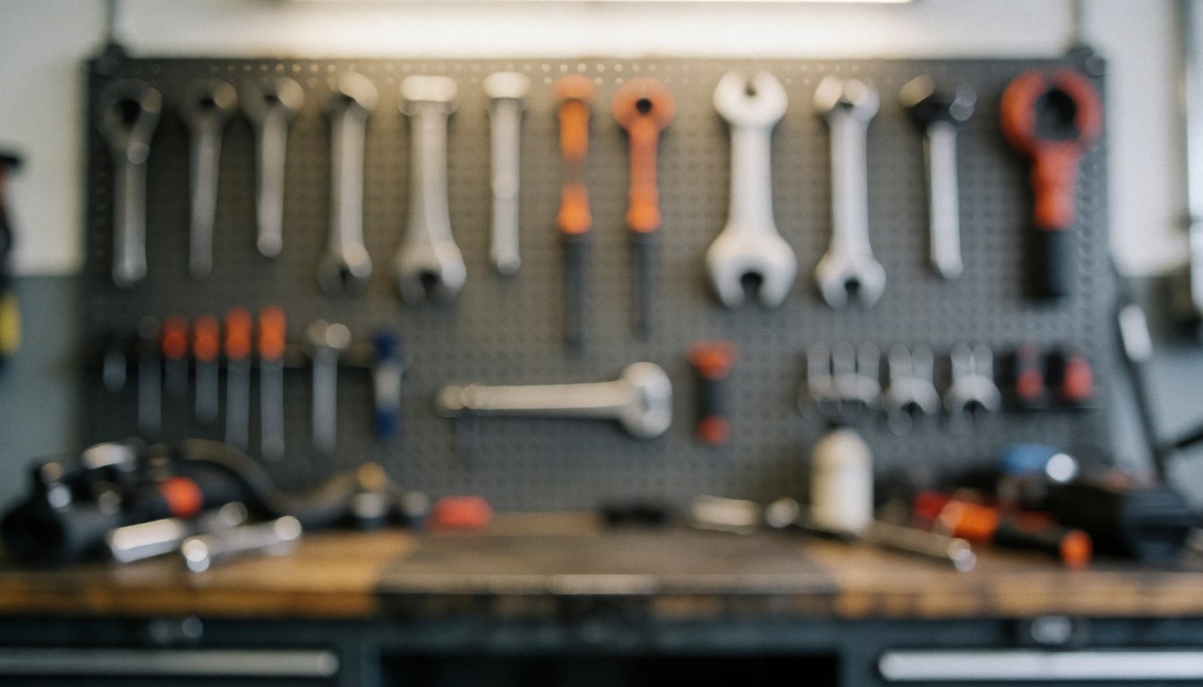 Blurred motorcycle repair shop background featuring tools hanging on a pegboard, work tables, and soft lighting, ideal for text overlay.