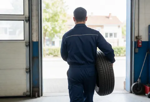 Back view of a mechanic carrying a tire out of a motorcycle shop, with daylight contrasting against the dark interior.