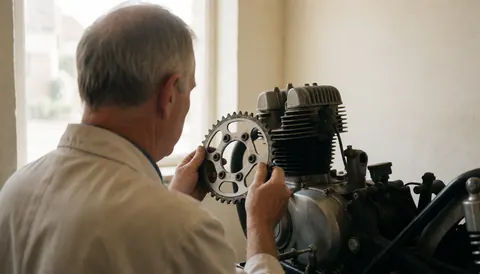 Senior mechanic installs an aluminum sprocket into a motorcycle engine with natural window light and a blurred background.