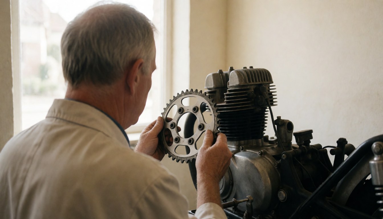 Senior mechanic installs an aluminum sprocket into a motorcycle engine with natural window light and a blurred background.