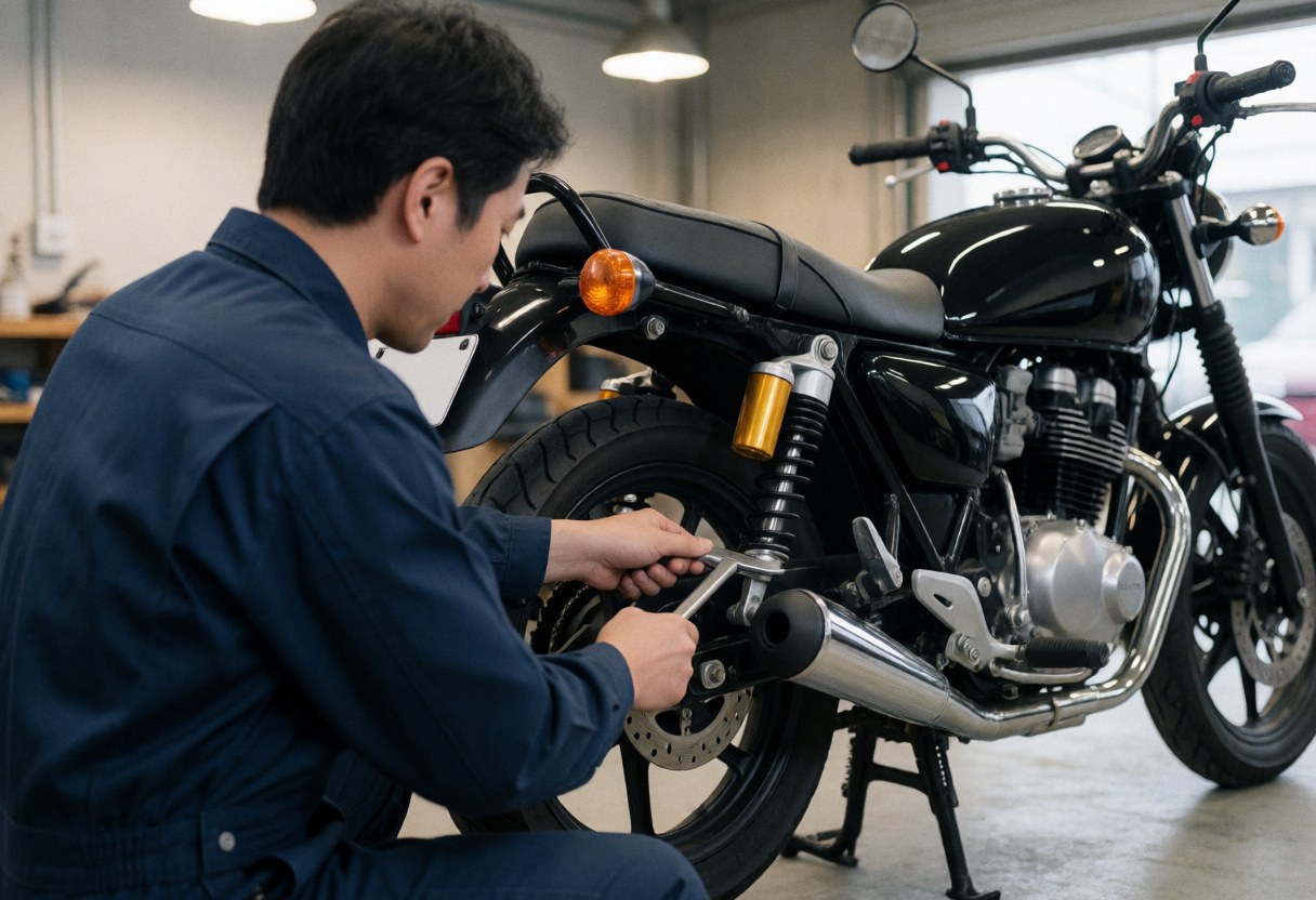 Mechanic in blue uniform using a special wrench to adjust the rear shock absorber of a black motorcycle in a workshop.